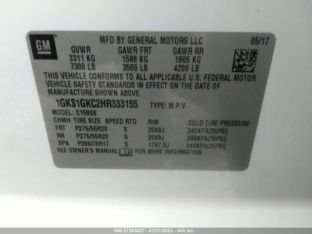 1GKS1GKC2HR333155 GMC Yukon Xl Slt