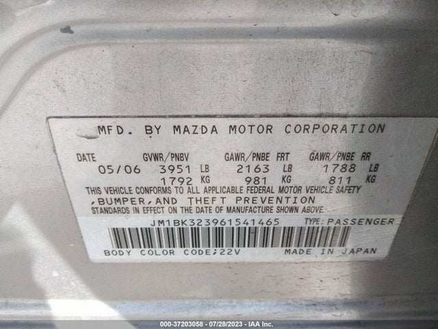 2006 MAZDA MAZDA3 S TOURING VIN: JM1BK323961541465