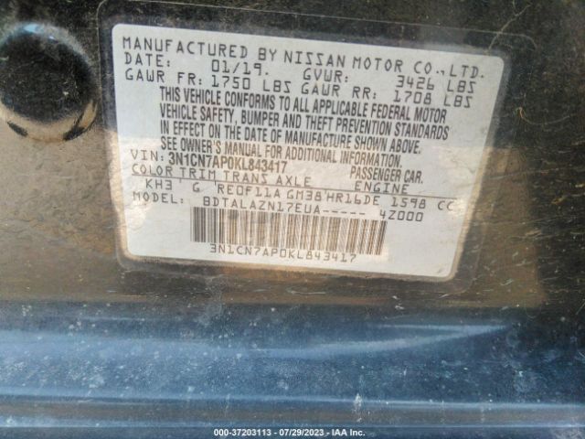 3N1CN7AP0KL843417 Nissan Versa Sedan S Plus