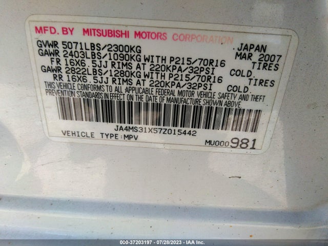Aukcja sprzedaży 2007 Mitsubishi Outlander Es/ls, vin: JA4MS31X57Z015442, numer aukcji: 37203197
