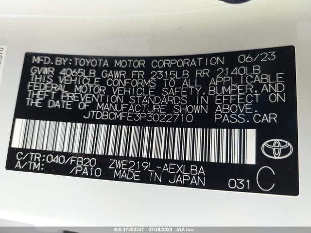 2023 TOYOTA COROLLA HYBRID VIN: JTDBCMFE3P3022710
