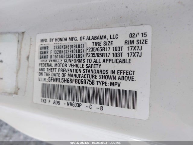 Honda Odyssey Ex-l 2015 5FNRL5H68FB069758 Image 9
