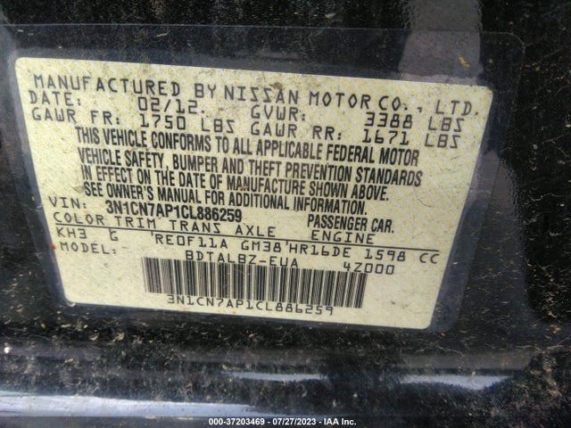 2012 NISSAN VERSA SV VIN: 3N1CN7AP1CL886259