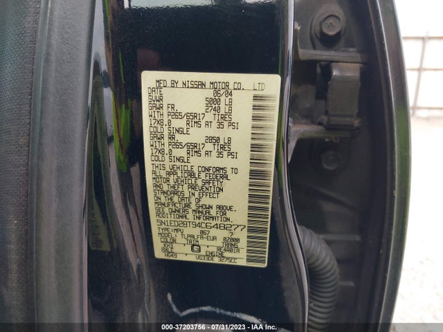 2004 NISSAN XTERRA SE VIN: 5N1ED28T94C648277