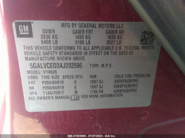 2010 BUICK ENCLAVE CXL W/2XL VIN: 5GALVCED3AJ202596