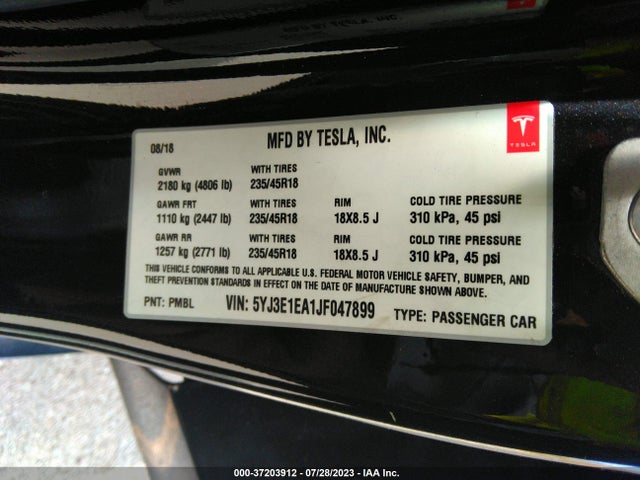Tesla Model 3 Range Battery 2018 5YJ3E1EA1JF047899 Image 16