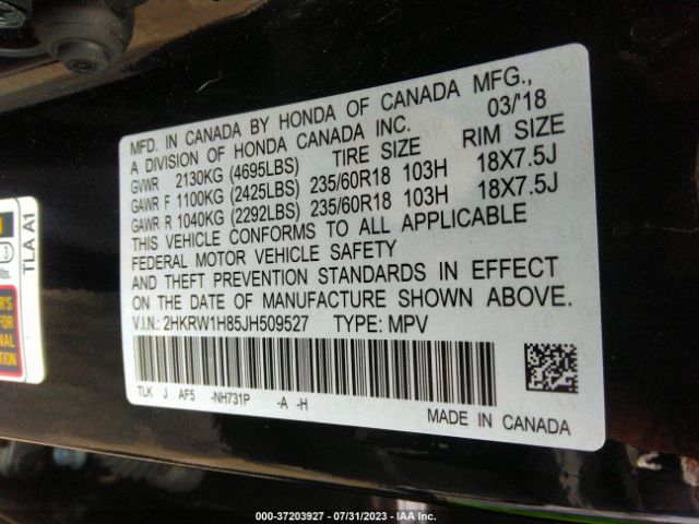 2HKRW1H85JH509527 Honda Cr-v Ex-l
