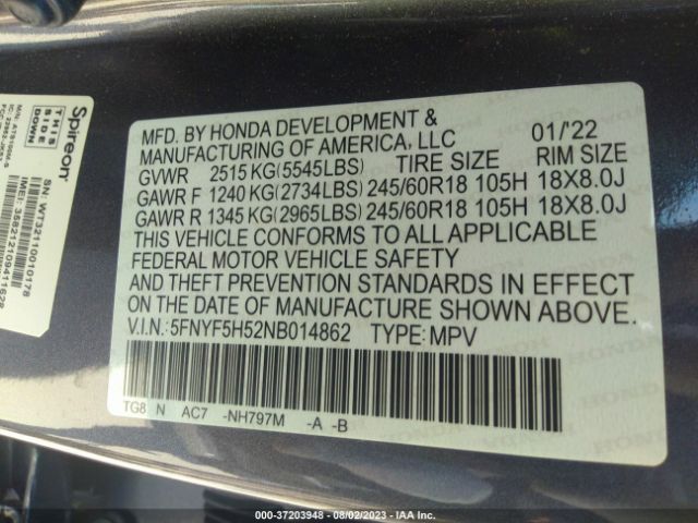 5FNYF5H52NB014862 Honda Pilot Ex-l