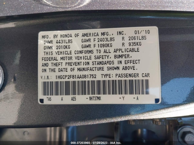 2010 HONDA ACCORD SDN EX-L VIN: 1HGCP2F81AA081752