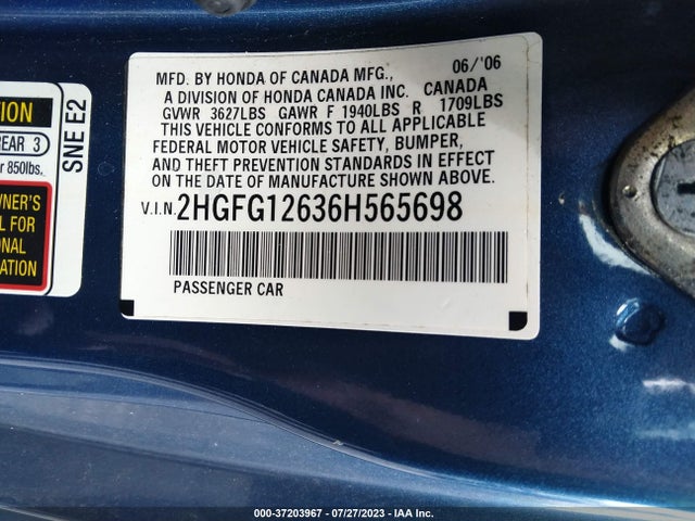 Aukcja sprzedaży 2006 Honda Civic Cpe Lx, vin: 2HGFG12636H565698, numer aukcji: 37203967