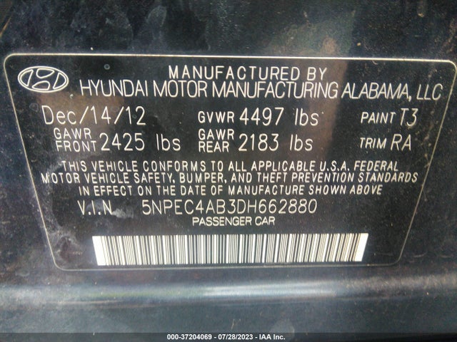 2013 HYUNDAI SONATA LIMITED VIN: 5NPEC4AB3DH662880