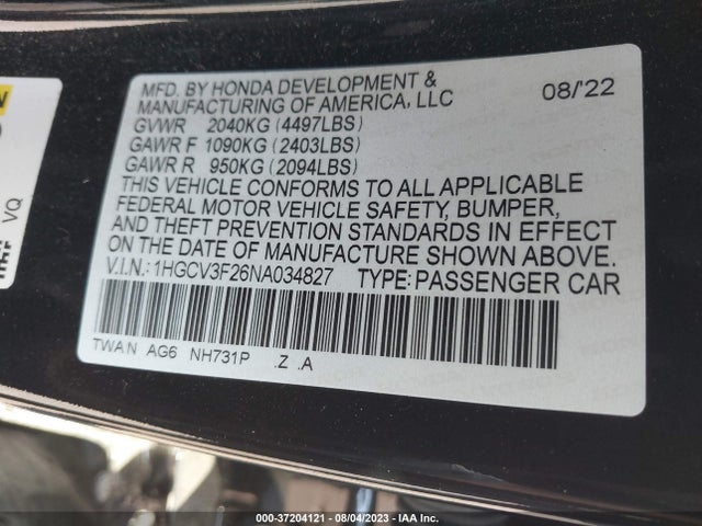 2022 HONDA ACCORD HYBRID SPORT VIN: 1HGCV3F26NA034827