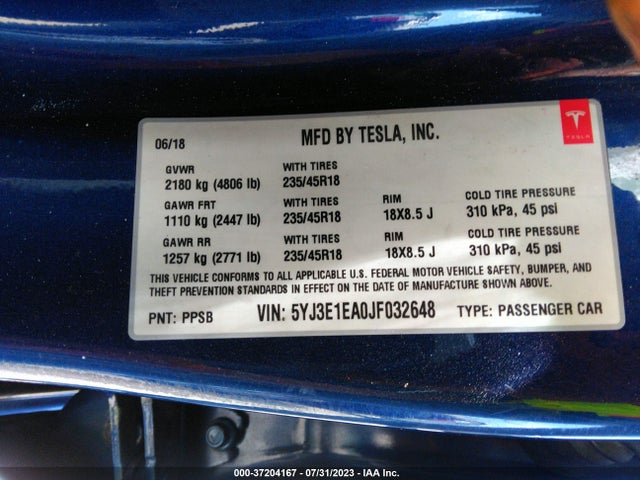 Tesla Model 3 Range Battery 2018 5YJ3E1EA0JF032648 Image 8