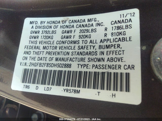 2013 HONDA CIVIC SDN EX VIN: 2HGFB2F85DH502888
