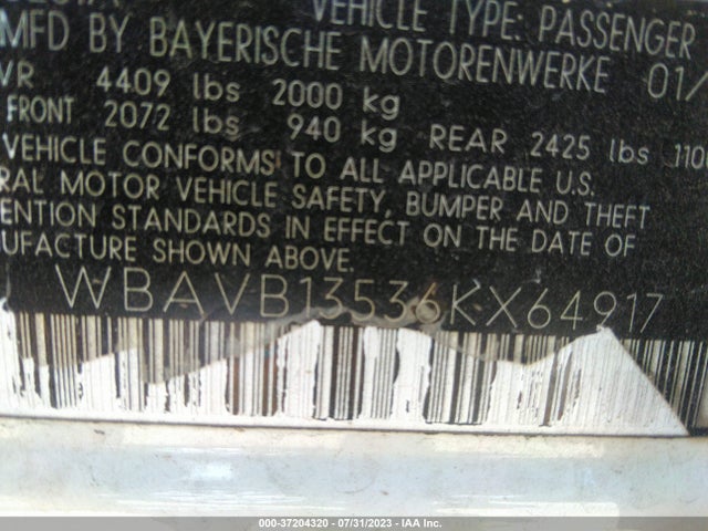 2006 BMW 3 SERIES 325I VIN: WBAVB13536KX64917