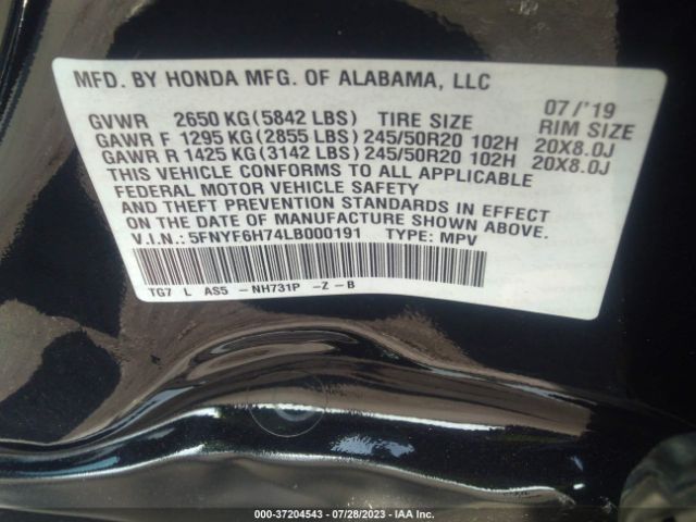 5FNYF6H74LB000191 Honda Pilot Black Edition
