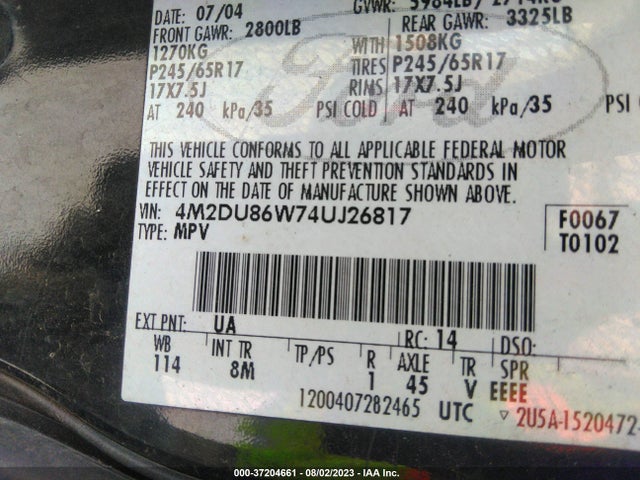 2004 MERCURY MOUNTAINEER W/4.6L VIN: 4M2DU86W74UJ26817