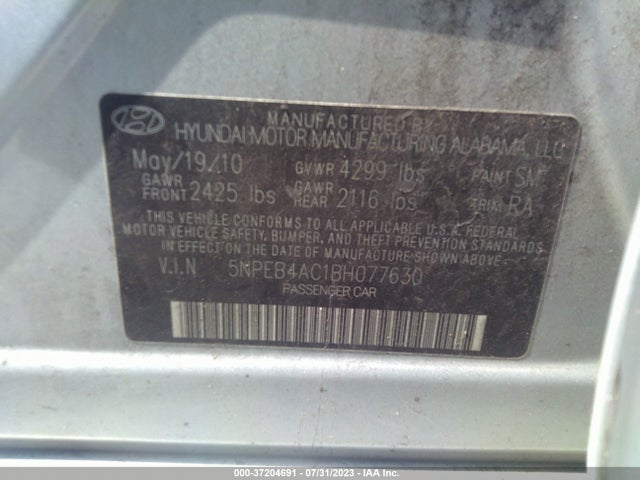 2011 HYUNDAI SONATA GLS PZEV VIN: 5NPEB4AC1BH077630