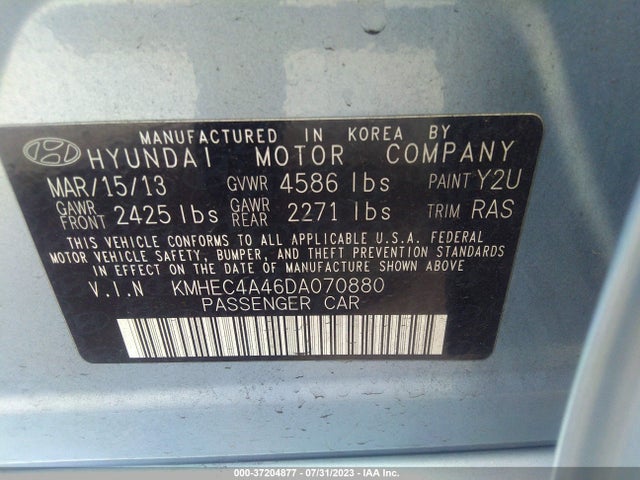2013 HYUNDAI SONATA HYBRID LIMITED W VIN: KMHEC4A46DA070880