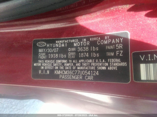 2007 HYUNDAI ACCENT GS VIN: KMHCM36C77U054124