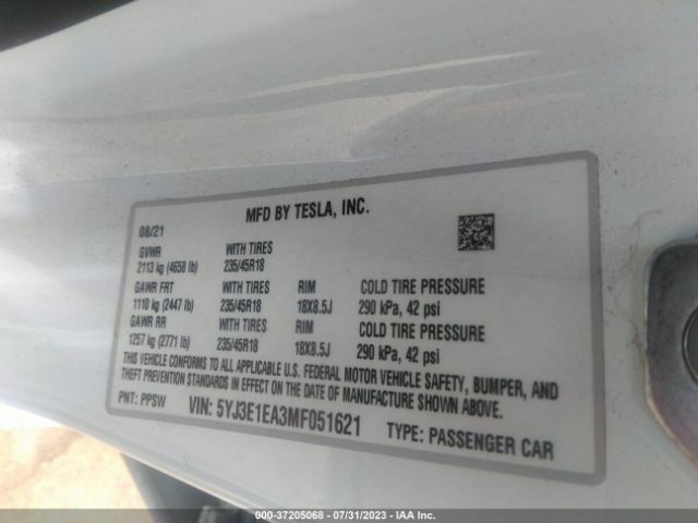 5YJ3E1EA3MF051621 Tesla Model 3 Standard Range Plus