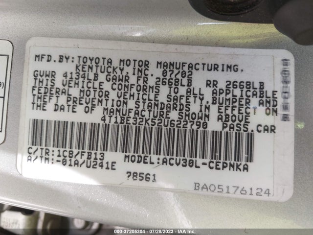 2002 TOYOTA CAMRY LE/SE/XLE VIN: 4T1BE32K52U622790