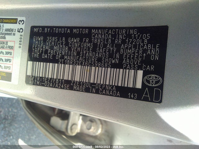 2006 TOYOTA COROLLA CE/S/LE VIN: 2T1BR32EX6C598685