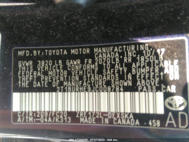 2018 TOYOTA COROLLA L/LE/XLE/SE/XSE VIN: 2T1BURHE9JC008784