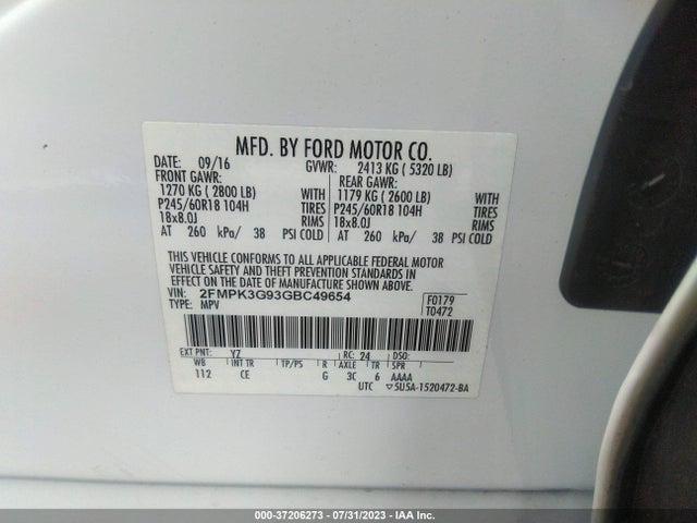 2016 FORD EDGE SE VIN: 2FMPK3G93GBC49654