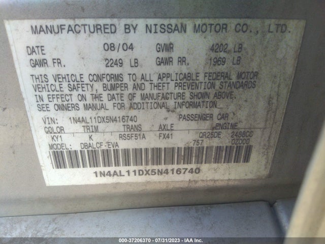 2005 NISSAN ALTIMA 2.5 S VIN: 1N4AL11DX5N416740