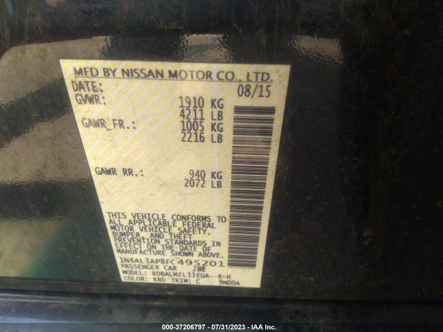 2015 NISSAN ALTIMA 2.5 SV VIN: 1N4AL3AP8FC495201