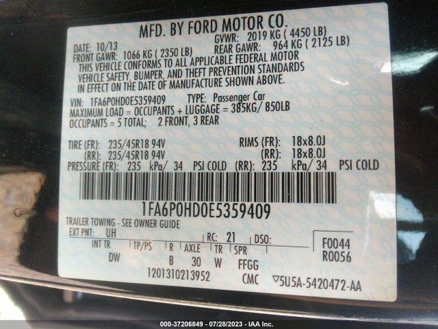 2014 FORD FUSION SE VIN: 1FA6P0HD0E5359409