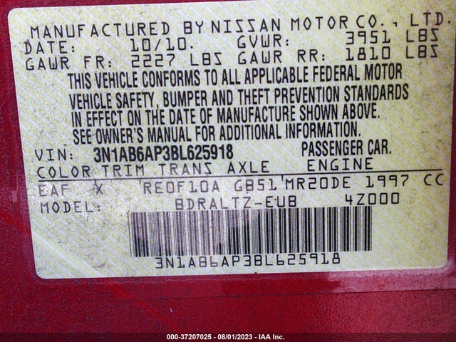 2011 NISSAN SENTRA 2.0 SR VIN: 3N1AB6AP3BL625918