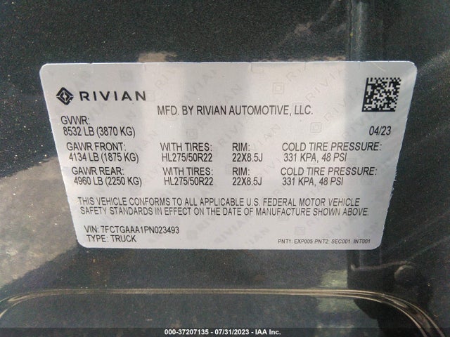Rivian R1t Adventure Package 2023 7FCTGAAA1PN023493 Image 9