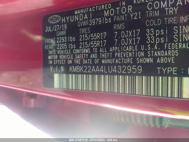 2020 HYUNDAI KONA SEL VIN: KM8K22AA4LU432959