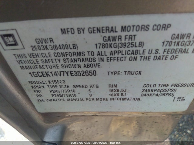 37207305 :رقم المزاد ، 1GCEK14V7YE352650 vin ، 2000 Chevrolet Silverado 1500 Ls مزاد بيع