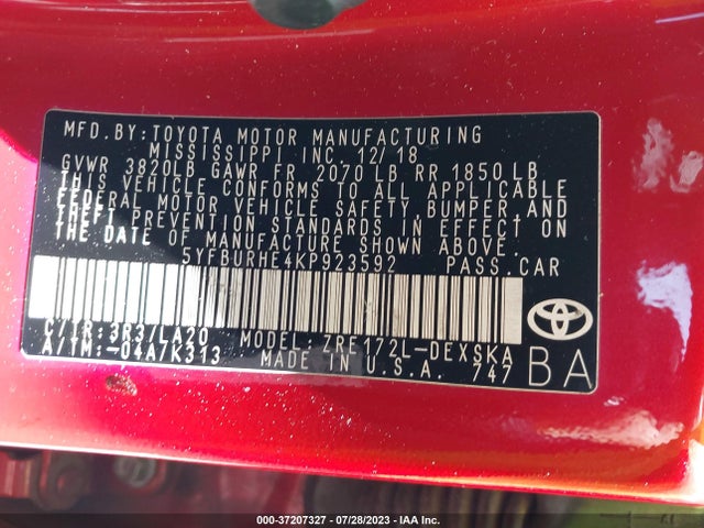 2019 TOYOTA COROLLA L/LE/SE/XLE/XSE VIN: 5YFBURHE4KP923592