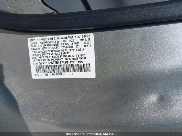 2007 HONDA ODYSSEY EX-L VIN: 5FNRL38607B437470