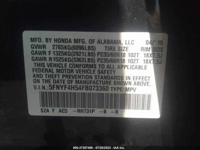Honda Pilot Ex-l 2015 5FNYF4H54FB073360 Image 9