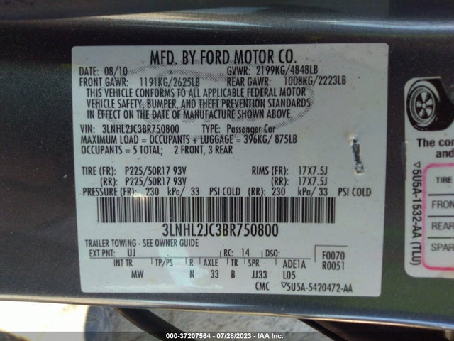 2011 LINCOLN MKZ VIN: 3LNHL2JC3BR750800