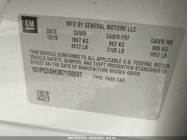 2011 CHEVROLET CRUZE LS VIN: 1G1PC5SH3B7158597