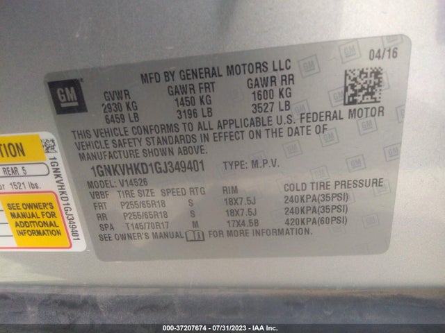 Chevrolet Traverse Lt 2016 1GNKVHKD1GJ349401 Image 9