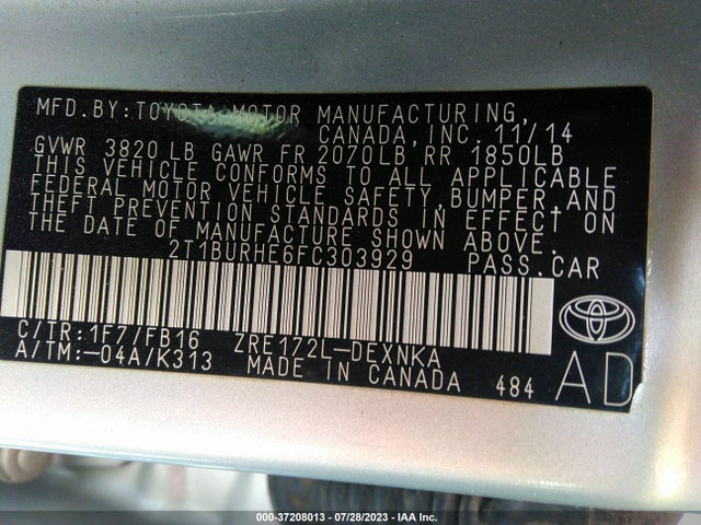 2015 TOYOTA COROLLA L/LE/S/S PLUS/LE PLUS VIN: 2T1BURHE6FC303929