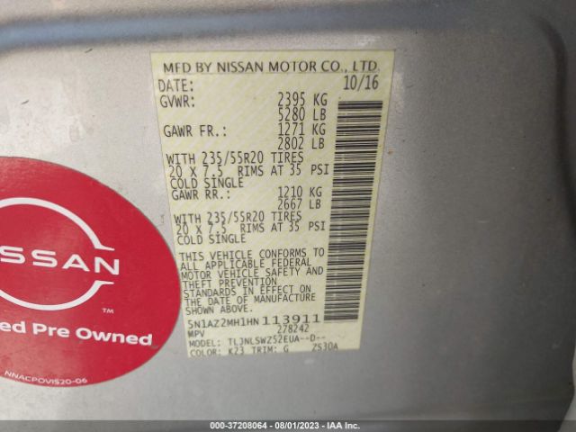 5N1AZ2MH1HN113911 Nissan Murano Platinum