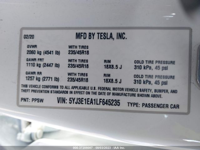 5YJ3E1EA1LF645235 Tesla Model 3 Standard Range