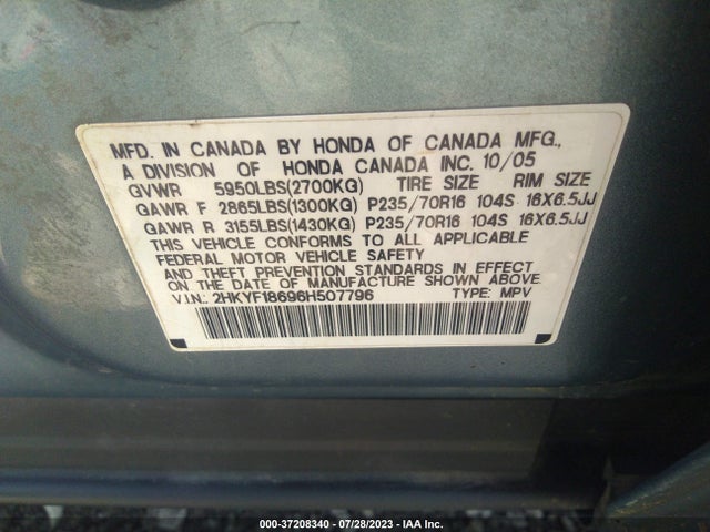 2006 HONDA PILOT EX-L WITH RES VIN: 2HKYF18696H507796