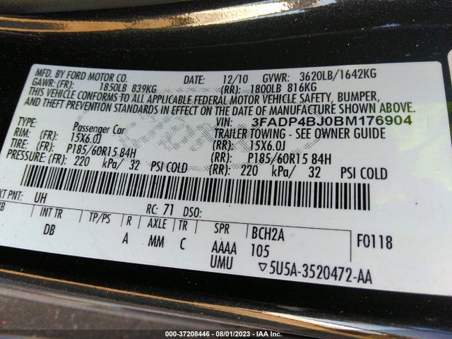 2011 FORD FIESTA SE VIN: 3FADP4BJ0BM176904