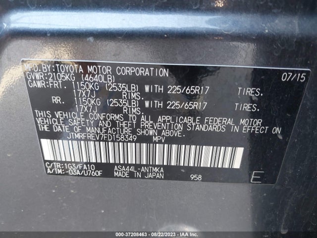 2015 TOYOTA RAV4 XLE VIN: JTMRFREV7FD158349