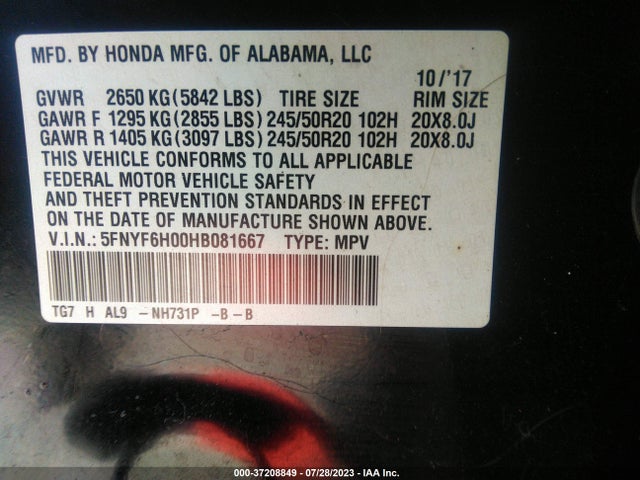 Honda Pilot Elite 2017 5FNYF6H00HB081667 Image 9