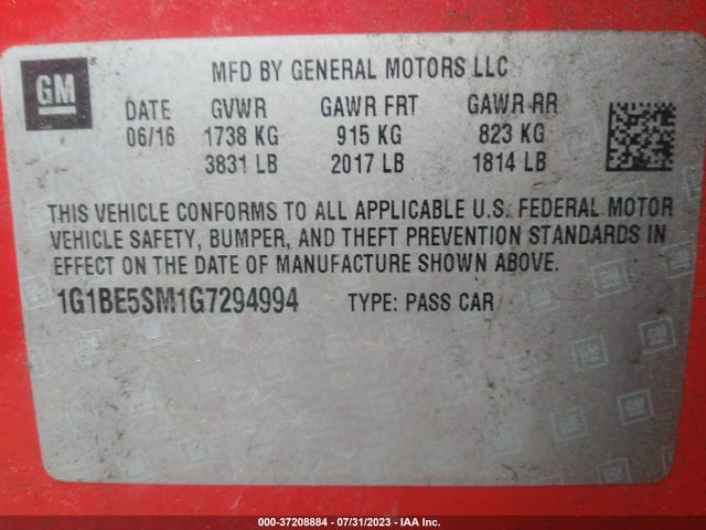 2016 CHEVROLET CRUZE LT VIN: 1G1BE5SM1G7294994